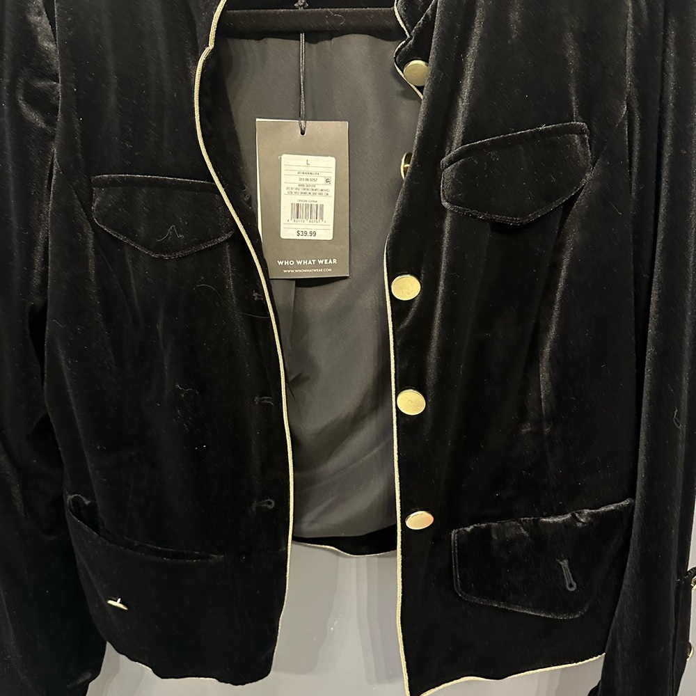 Black velvet military jacket with gold trim and gold buttons, size L